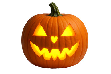 High-resolution illustration of a single carved Halloween pumpkin with a spooky, evil face and a heart-shaped nose, lit from the inside to create a warm, sinister glow