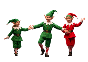 Three Happy Elves In Christmas Costumes Isolated On Transparent Background