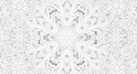 Intricate white snowflake pattern forming a symmetrical, frosty mandala-like design with delicate textures and soft shading.