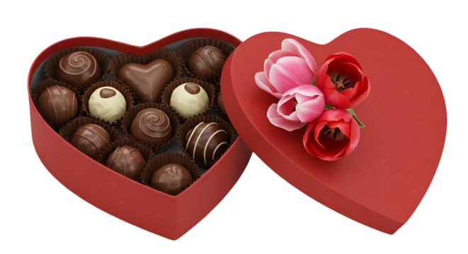 Realistic Photo Of Heart Shaped Box Of Chocolates And Red Tulips