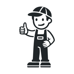 Cartoon male worker giving thumbs up wearing overalls and cap