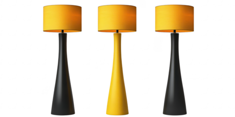 Three standing lamps with yellow shades on transparent png background