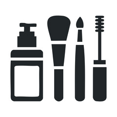 Silhouette of makeup tools: foundation bottle, brushes, mascara wand