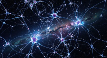 A surreal depiction of glowing neurons interconnected in space, blending neural networks with the cosmic galaxy in a futuristic sci-fi style.