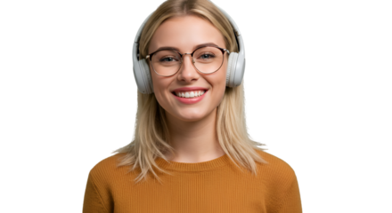 Smiling Blonde Woman In Headphones Portrait Photo With Black Background