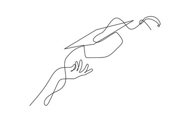 Continuous one line drawing of graduate hand throwing graduation hat cap in the air, Vector illustration. Editable outline