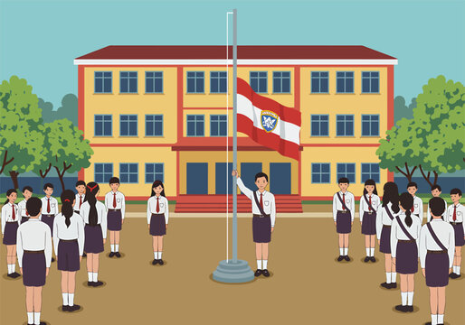 Students in uniform gather for a flag-raising ceremony in front of a school building.