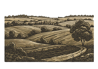 Vintage Engraved Illustration Of Rural Landscape With Fields Trees and Farm