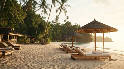 Naklejka premium Beautiful tropical beach scene with lounge chairs and colorful umbrellas under bright sunny skies