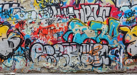 Obraz premium Colorful graffiti art covers a weathered urban wall, with layers of tags, letters, and paint creating a vibrant, textured street scene.