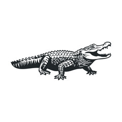 Naklejka premium Black and white alligator illustration with open mouth and detailed scales