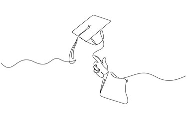 Continuous one line drawing of graduate hand throwing graduation hat cap in the air, Vector illustration. Editable outline