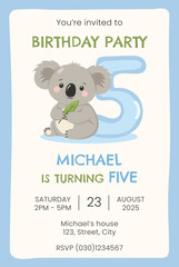 Birthday party invitation card with cute koala. Birthday party vector template
