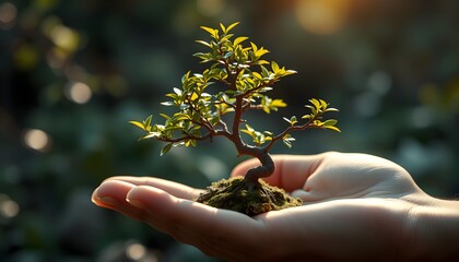 a hand holding a small potted bonsai tree, delicate branches with vibrant green leaves, natural lighting, detailed, photorealistic, 8k resolution
