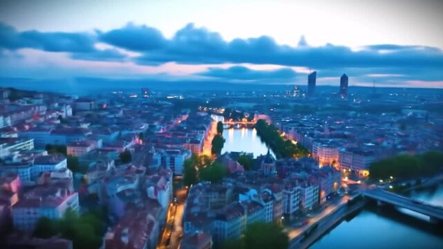 Dynamic aerial view of Lyon France at sunrise with a river winding through the colorful architecture, perfect for travel and tourism videos