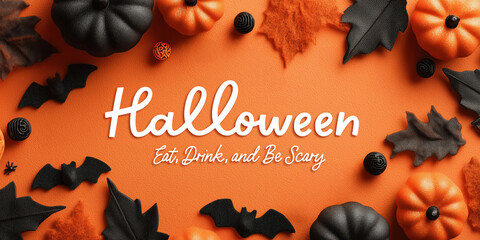 Halloween theme with pumpkins, bats, and leaves on orange background. Festive and spooky atmosphere