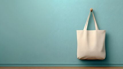 Cream-colored tote bag hanging on a wall.