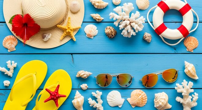 Summer beach essentials laid out on blue wooden background