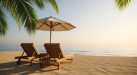 Obraz premium Two empty beach chairs under a palm tree facing the ocean