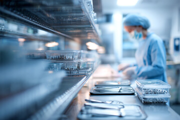 Sterilized Surgical Tools Await Use in Modern Operating Room. Medical procedure, sterile, instruments. For healthcare marketing, design, medical editorial, web.