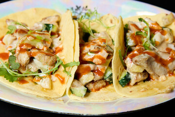 Tacos with grilled chicken and creamy sauce on corn tortillas