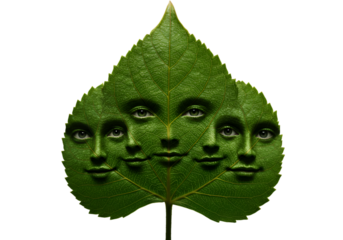 Surreal Illustration Of Faces Emerging From Green Leaf On Transparent Background