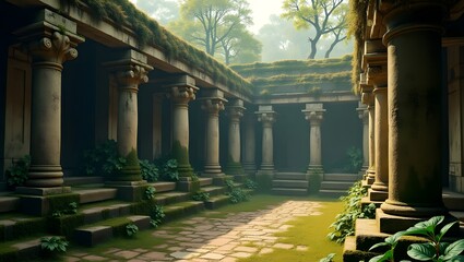 Ancient Courtyard Columns Overgrown with Lush Greenery and Sunlight