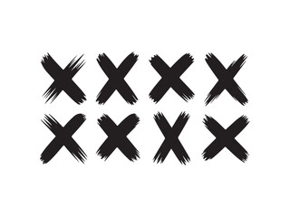 Obraz premium Eight black brush stroke x marks silhouette vector isolated on white background.