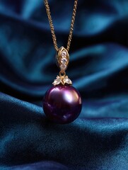 Purple Pearl Pendant on Gold Chain Against Blue Fabric