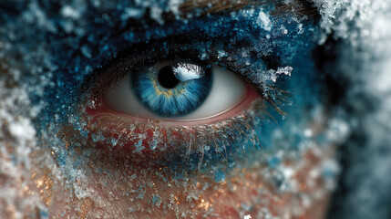 Close up woman blue eyes and ice around the eyes , blue color tone.