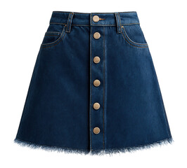 A-line denim skirt with frayed hem and front button closure