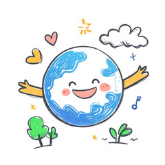 Delightful cartoon Earth with happy face and outstretched arms radiates joy. Playful doodles and vibrant colors express love
