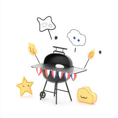 Barbecue grill adorned patriotic red white blue bunting. Cheerful star and cloud characters radiate happiness, perfect