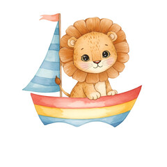 Watercolor Illustration Of Cute Lion On Sailboat With Transparent Background