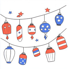 Vibrant red white blue patriotic paper lanterns and stars hanging joyfully, celebrating festive holiday with colorful