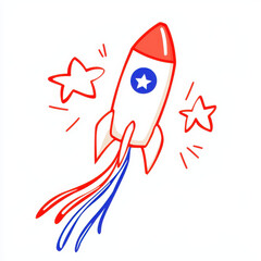 Vibrant cartoon rocket launching with red white and blue trail, symbolizing patriotic celebration and exciting future ascent