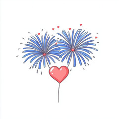 Blue fireworks burst with radiant red heart, symbolizing joyful celebration and romantic affection. Perfect for holiday