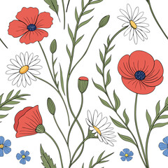 Seamless Watercolor Pattern with a Vibrant Mix of Red Poppies and Daisies