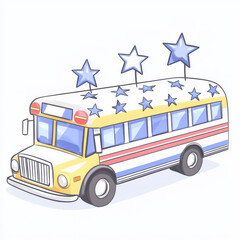 Patriotic bus with stars and stripes. American yellow vehicle exudes joyful feeling of celebration, symbolizing national pride