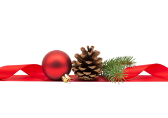 Red Christmas Ornament, Pine Cone, and Evergreen Sprig on Red Ribbon; Festive Holiday Decoration, transparent background