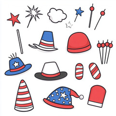 Vibrant assortment of patriotic hat, sparkler, and party noisemaker, evoking joyful celebration spirit for holiday festivities