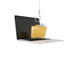 Cybersecurity risk showcasing data theft through phishing tactics on a laptop device, symbolizing
