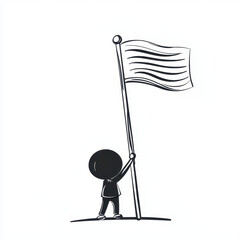 Determined silhouette person holding flag and flagpole, symbolizing freedom and great achievement