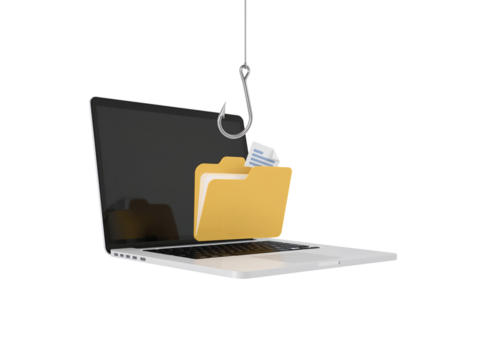 Cybersecurity risk showcasing data theft through phishing tactics on a laptop device, symbolizing