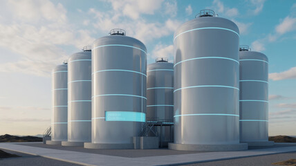 Futuristic industrial facility features multiple large, cylindrical storage tanks with glowing horizontal lines, set against partly cloudy sky, conveying modern, high tech environment