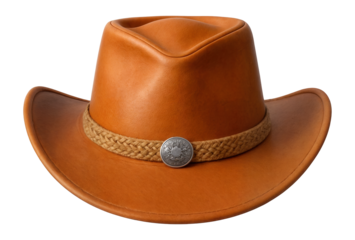 Classic cowboy hat in tan leather with a braided band and concho detail