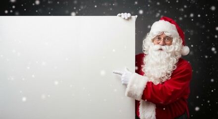 Santa Claus points to a blank sign with copy space, ideal for Christmas advertisements, seasonal greeting cards, or festive announcements. Santa Claus showcases a clean,
