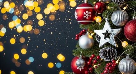 Christmas tree background with illuminated lights and beautiful ornaments. Christmas tree setup includes red baubles, shiny star, and pine branches.