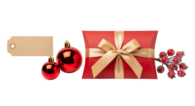 Red Gift Box with Gold Bow, Christmas Ornaments, and Blank Tag, transparent background - Powered by Adobe