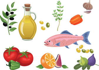 Mediterranean Diet Food Collection with Fish, Olive Oil, and Vegetables – Flat Vector Illustration